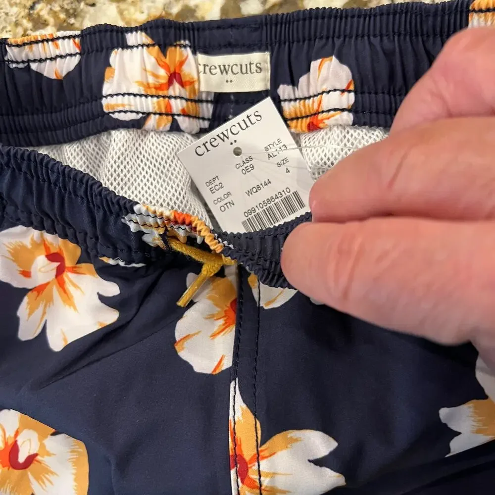NWT J. Crew Boys' Navy W/ Gold & White Tropical Floral Swim Trunk
